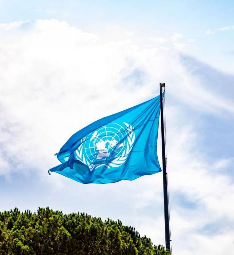 Bandera de las naciones unidas ondeando debajo de un cielo iluminado - Día de las Naciones Unidas