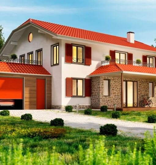 Casa de dos pisos con fachada de teja en garage y entrada Casa de dos pisos con fachada de teja en garage y entrada