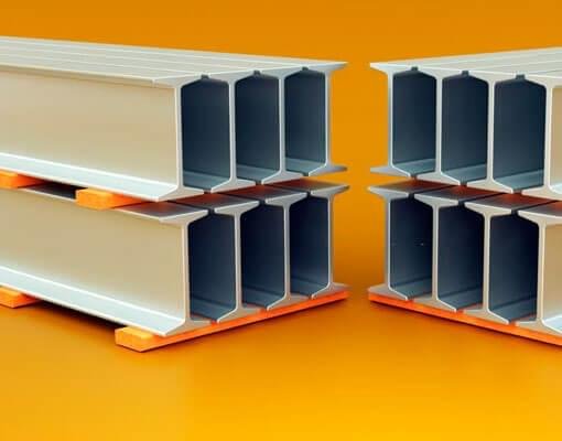 Vigas prefabricadas de acero IPS apiladas en bodega Vigas prefabricadas de acero IPS apiladas en bodega