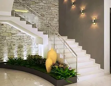 Escalera de cemento blanco con barandal de cristal y acero Escalera de cemento blanco con barandal de cristal y acero