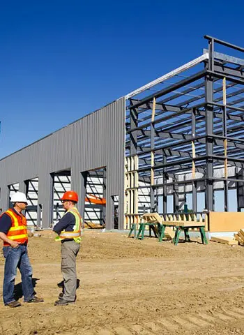 Trabajadores platicando frente a bodega en construcción