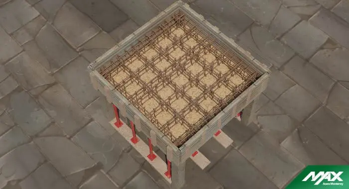 Esquema de la cuadrícula de vigas y trabes de una losa nervada en construcción