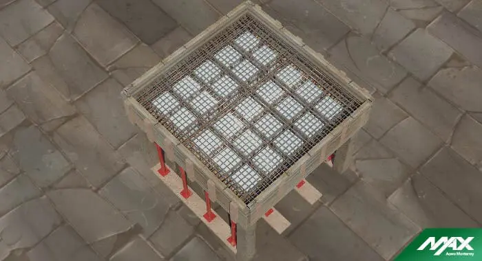 Esquema de la instalación de malla electrosoldada montada sobre calzas en la construcción de una losa reticular