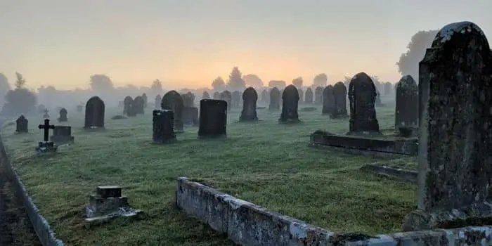 Cementerio lleno de lápidas desgastadas y cubiertas por vegetación Cementerio lleno de lápidas desgastadas y cubiertas por vegetación