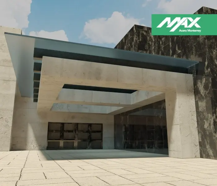 Marquesina de concreto con cubierta de perfiles de acero y cristal en la entrada de una casa Marquesina de concreto con cubierta de perfiles de acero y cristal en la entrada de una casa