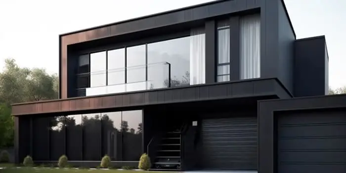 Casa de lujo en color negro con grandes ventanales al frente y una cochera al costado