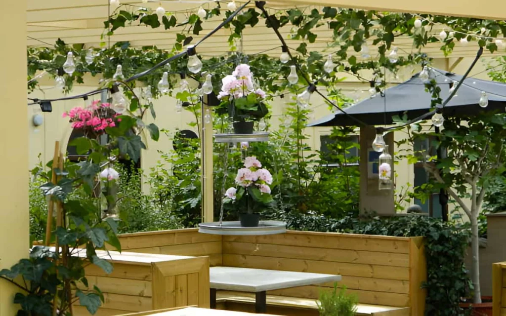 Terraza con techo de plantas, iluminación colgante y mesas de madera: ideal para techos para terrazas