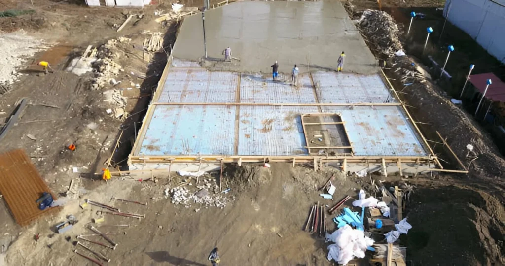 Cimentación en construcción con refuerzo de malla de acero Trabajadores realizando un emparrillado de acero para cimentación