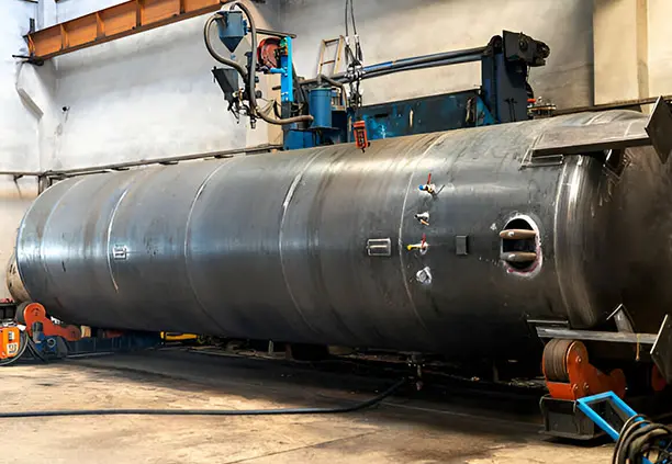 Tanque de almacenamiento elaborado con lámina negra instalado dentro de una planta industrial