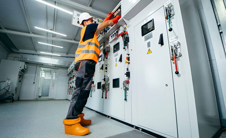 Técnico inspecciona caja de fusibles hecha con materiales aislantes de electricidad