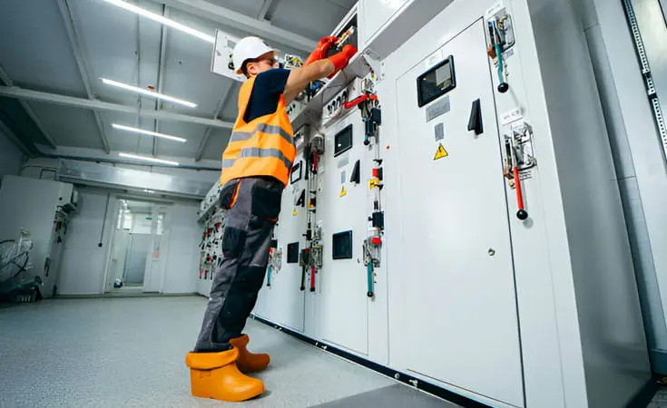 Técnico inspecciona caja de fusibles hecha con materiales aislantes de electricidad