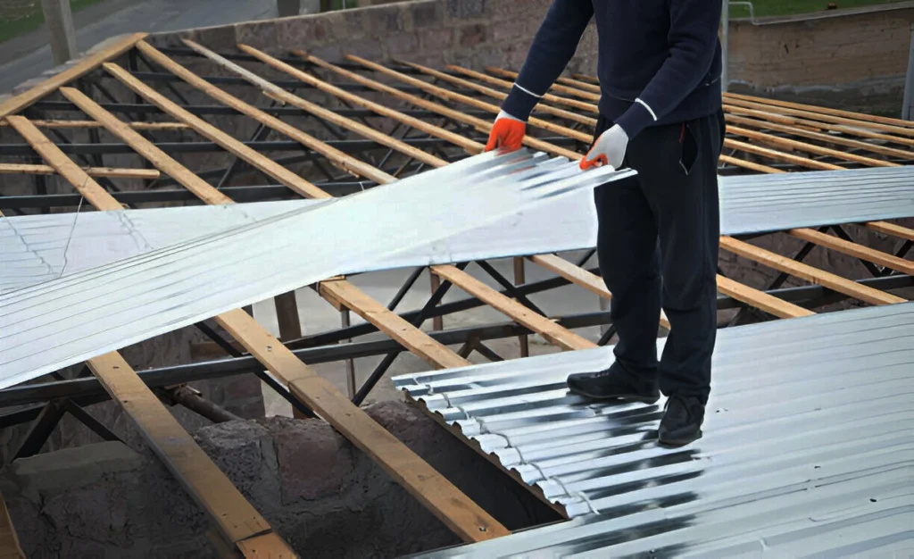 Trabajador en proceso de instalación de lámina para techo