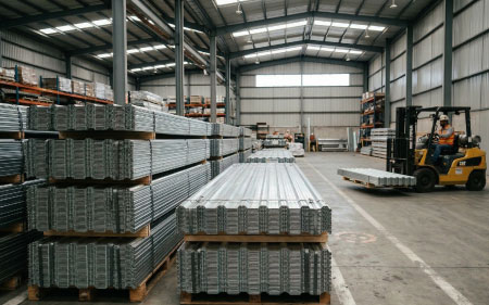 Láminas de acero galvanizado apiladas en bodega industrial como ejemplo de acero sustentable reciclado en la construcción en México