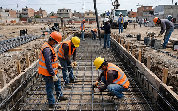 Trabajadores llevando a cabo la construcción de una cimentación de concreto armado
