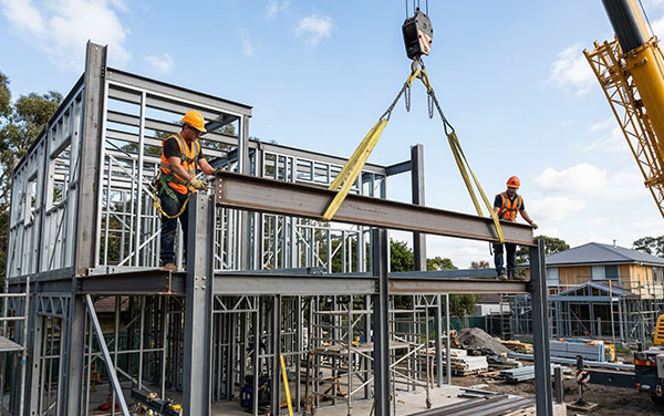 Grúa moviendo una viga en la construcción de una estructura metálica para casa