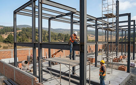 Trabajadores instalando las vigas de una estructura metálica para casa