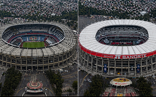 Exterior del Estadio Azteca vs. exterior del Estadio Banorte