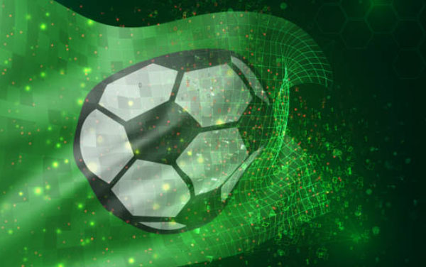 Vector 3D de bandera virtual con balón de fútbol soccer ondeando