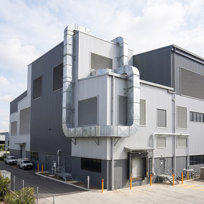 Fachada industrial revestida con lámina de aluminio y ductos de ventilación exteriores.